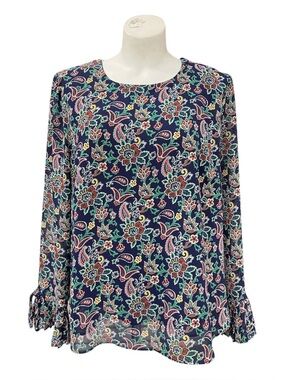 Rose & Olive Navy Floral Paisley Long-Sleeve Blouse Size L